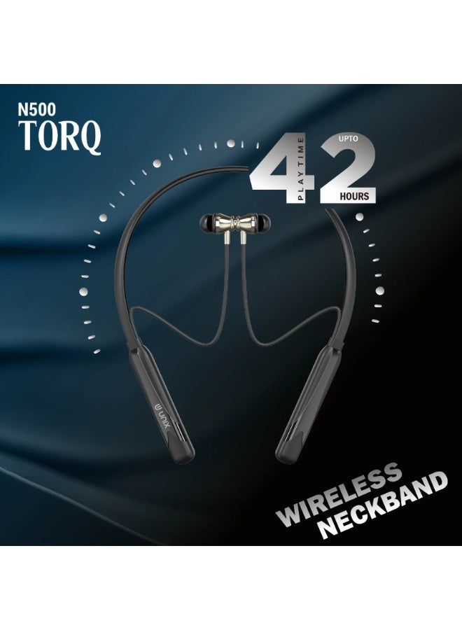 يونيكس سماعة Unix Torq N500 اللاسلكية على شكل نك باند | وضع اقتران مزدوج مع اتصال Bluetooth v5.4 | وقت تشغيل يصل إلى 42 ساعة مع مشغلات 10 مم | تقنية ENC لإلغاء الضوضاء لمكالمات واضحة | شحن سريع T - Image 2